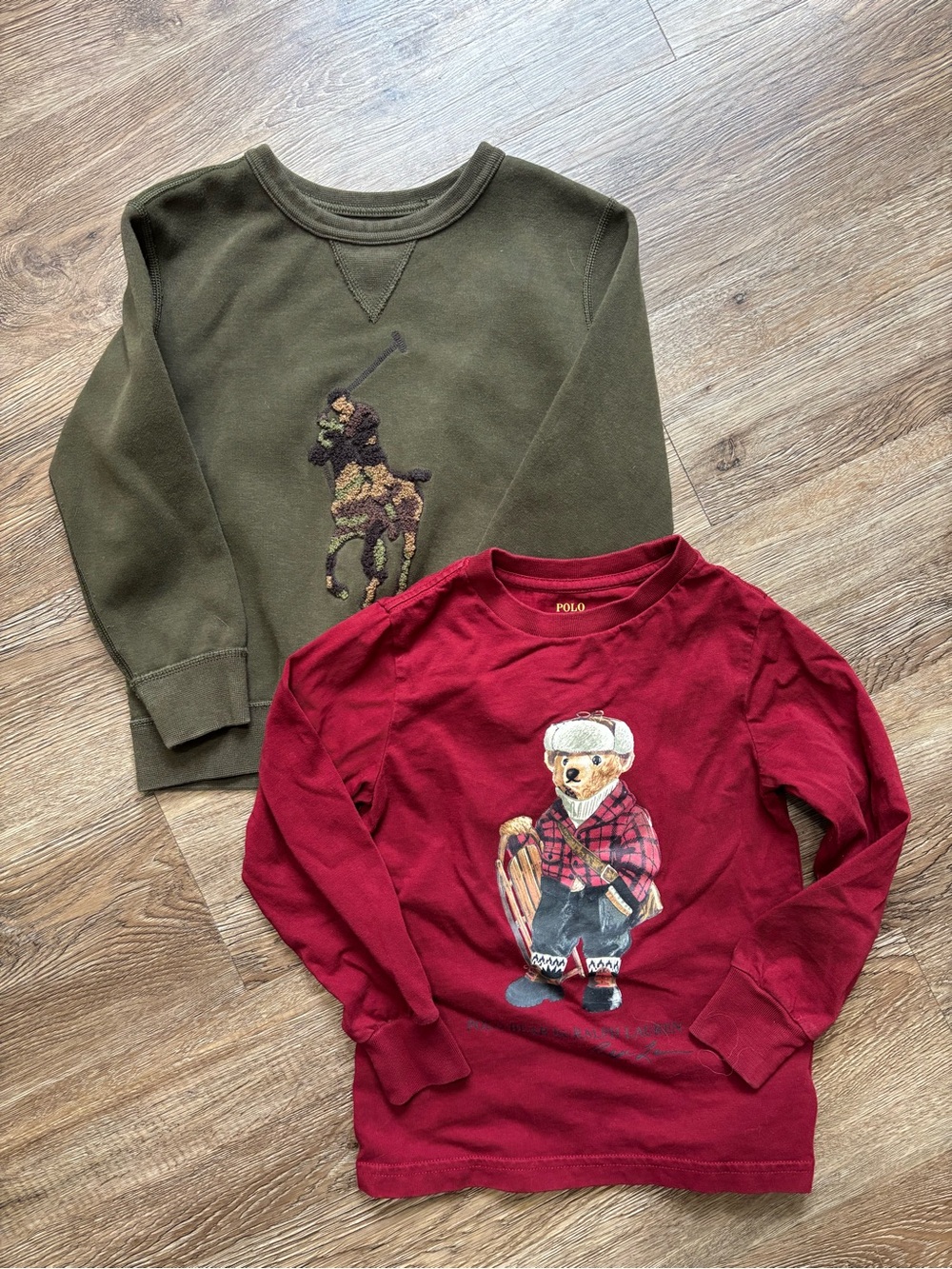 Polo by Ralph Lauren Red Bear Graphic Long-Sleeve Tee and Green Crewneck Sweater